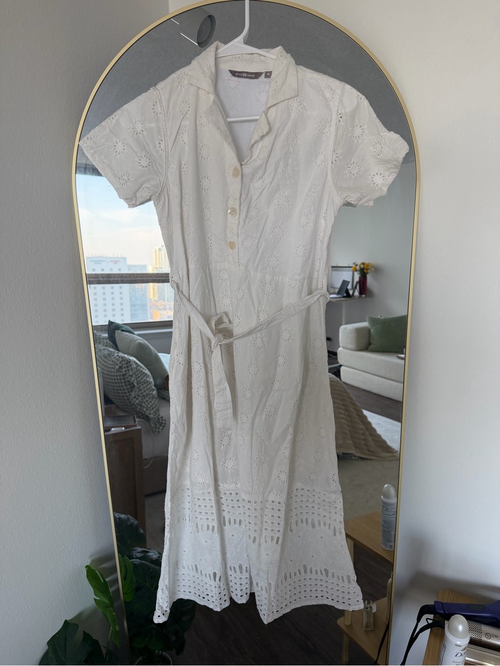 White Eyelet Midi Shirt Dress with Tie Waist and Short Sleeves